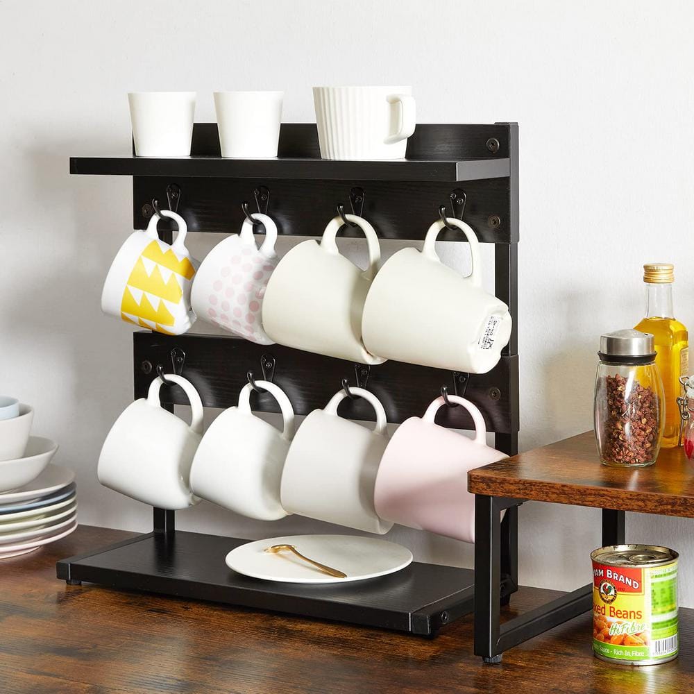 2-Tier Black Countertop Mug Tree Holder Rack with Storage Base and 8 Hooks, Coffee Mug Holder Stand with Shelf - Hercitys