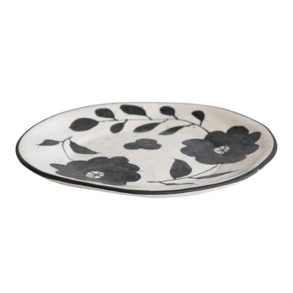 11.5 in. Black and White Organically Shaped Edge Stoneware Round Floral Serving Platters - Hercitys