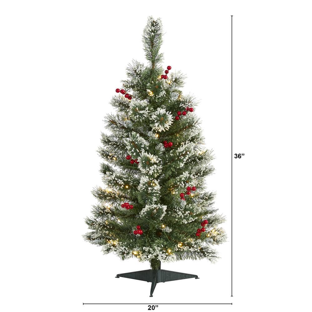 3 ft. Pre-lit Frosted Swiss Pine Artificial Christmas Tree with 50 Battery Operated Clear LED Lights and Berries - Hercitys