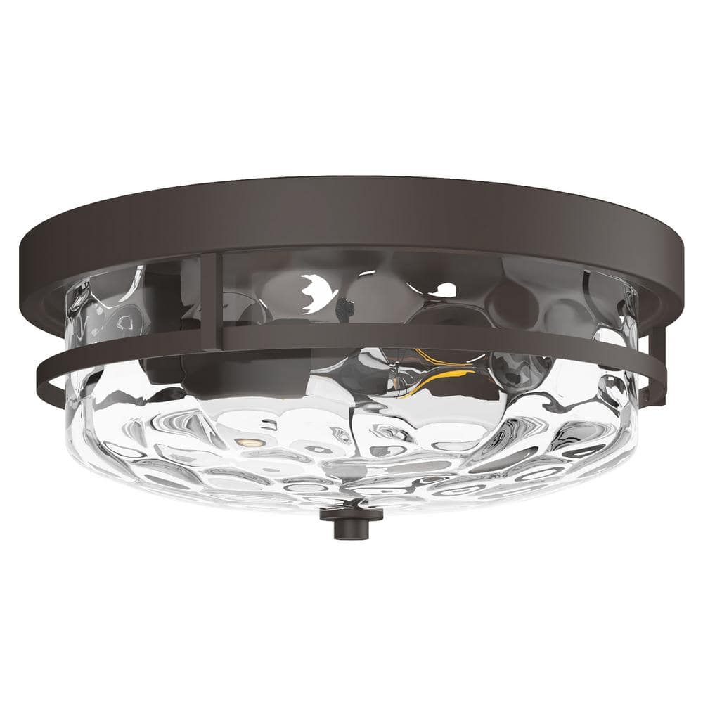 13 in. 2-Light Farmhouse Oil Rubbed Bronze Flush Mount Ceiling Light Fixture with Water Ripple Glass Shade - Hercitys
