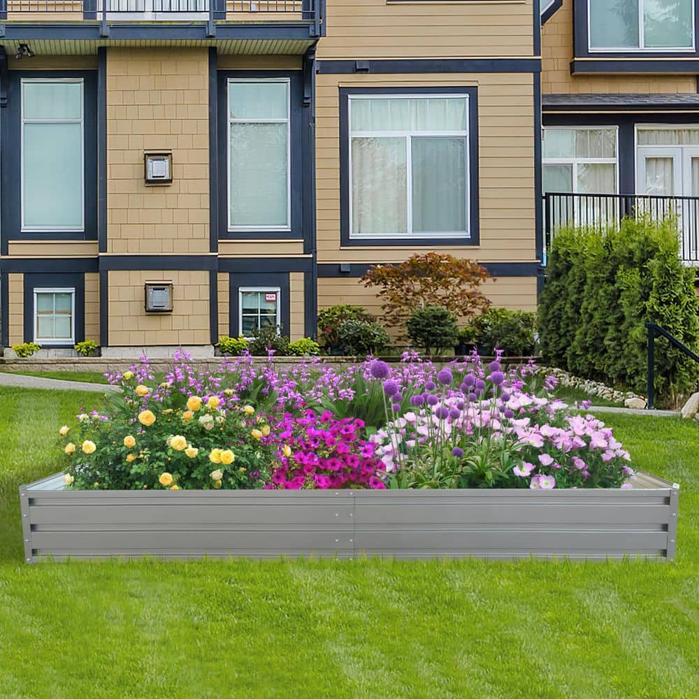 2-Set 8 x 4 x 1 ft. Outdoor Extra Large Capacity Grey Metal Raised Garden Bed Steel Planter Boxes Herbs Vegetable Flower - Hercitys