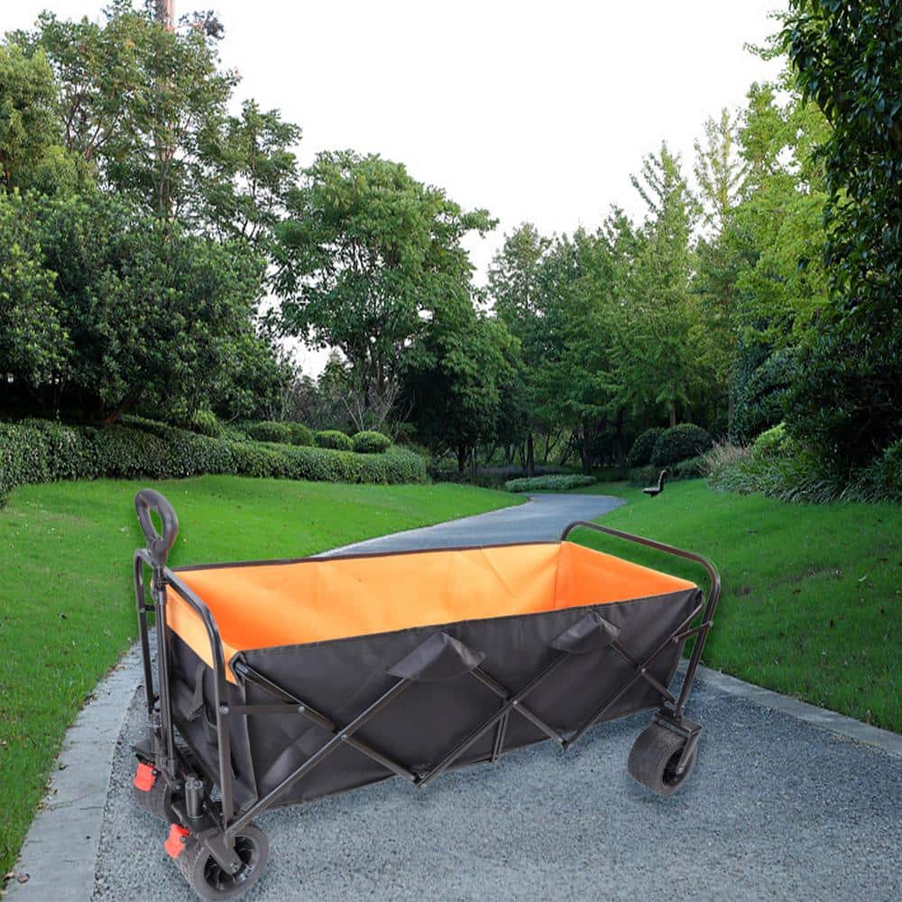 13.4 cu. ft. Orange Black Steel Big Large Capacity Folding Garden Cart with Brakes and Adjustable Handle - Hercitys