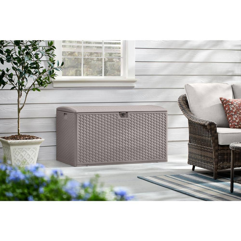 120 Gal. Grey Resin Wicker Outdoor Storage Deck Box with Lockable Lid - Hercitys