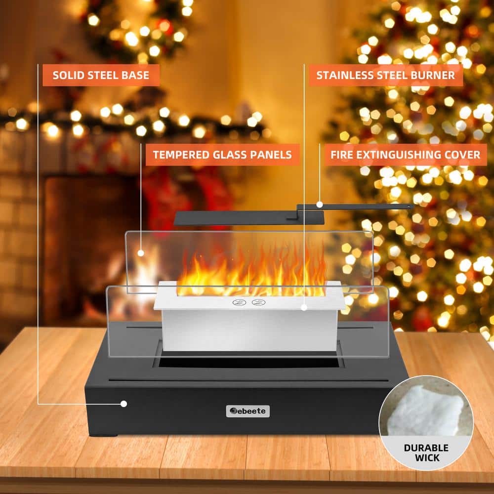 13.7 in. x 5.5 in. Bio-Ethanol Ventless Fireplace in Glass/Black Metal for Indoor/Outdoor, Smokeless Tabletop Fire Pit - Hercitys
