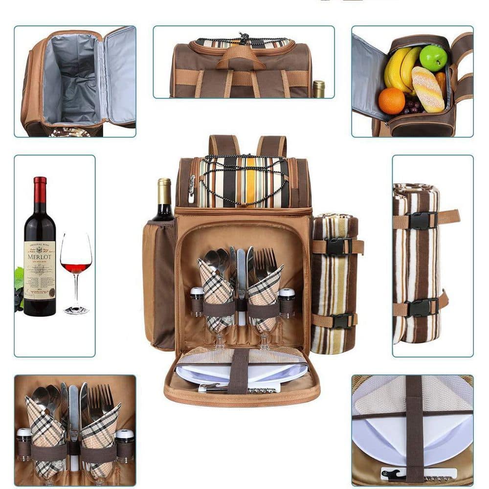 12 in. Blasting Brown Picnic Backpack-2 Insulation Cooler, Wine Rack, Wool Blanket - Hercitys