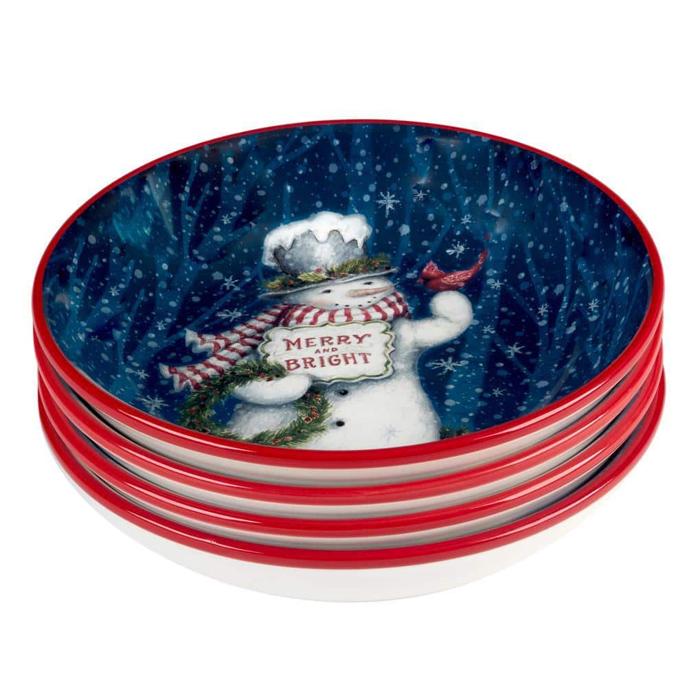 38 fl. oz. Multi-Colored Earthenware Snowman Greetings Soup and Pasta Bowls (Set of 4) - Hercitys