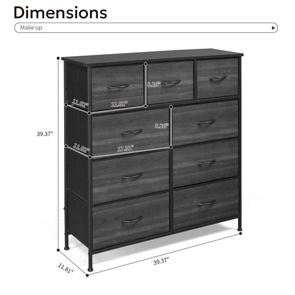 39.6 in. W x 40.2 in. H x 11.8 in. D Fabric Charcoal Black 9-Drawer Storage Unit - Hercitys