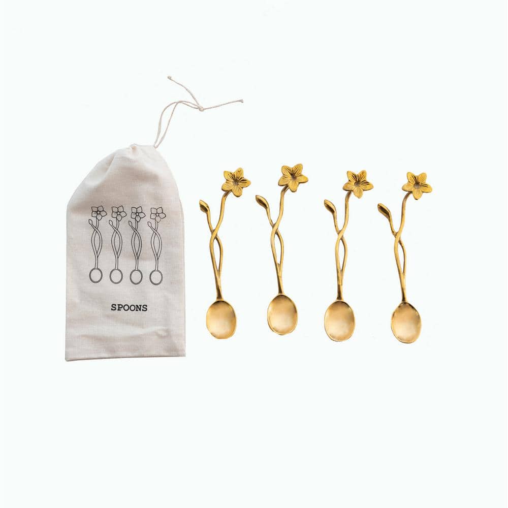 4-Piece Farmhouse Brass Spoons with Flower Handles in Drawstring Bag - Hercitys