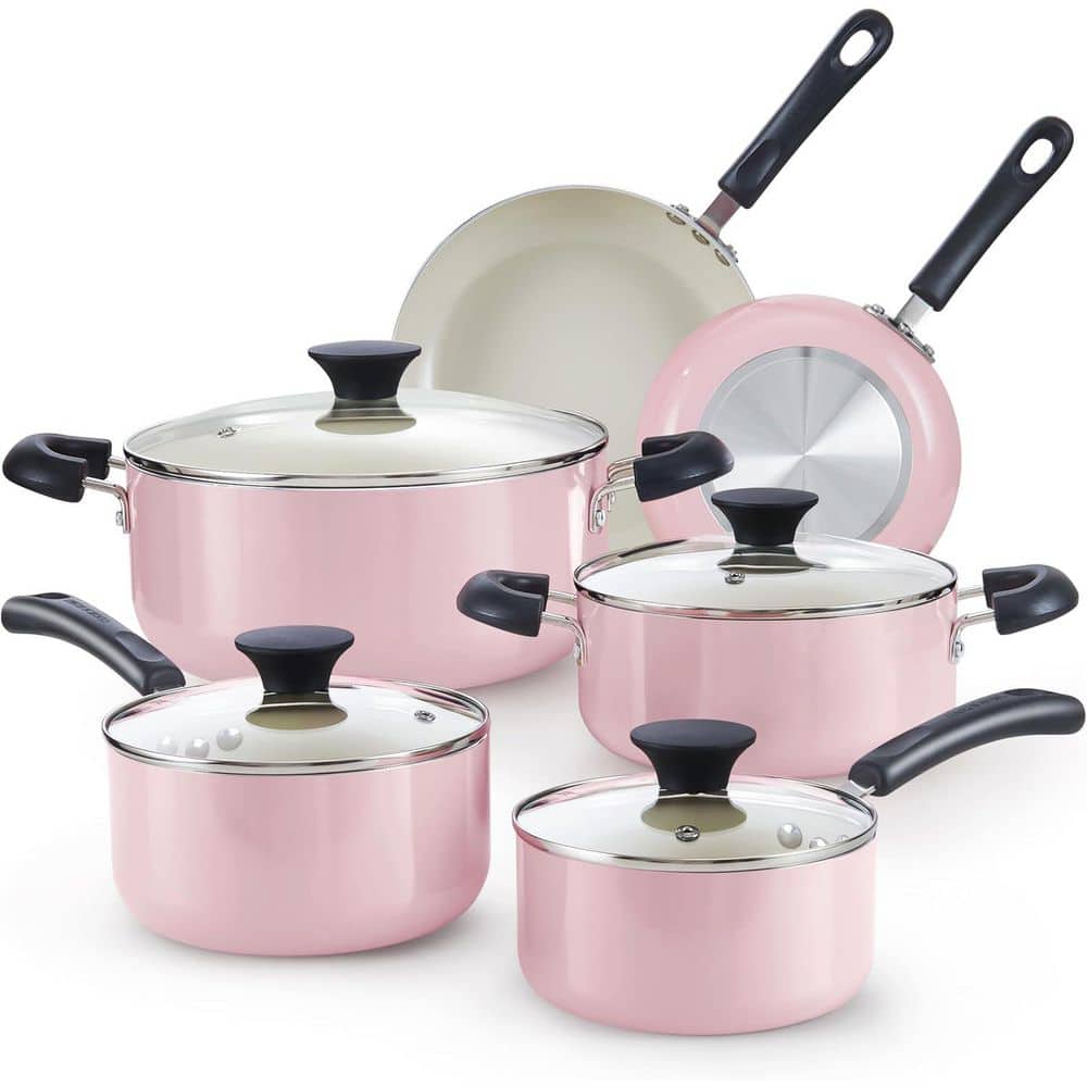 10-Piece Ceramic Aluminum Nonstick Kitchen Cookware Sets, Pink - Hercitys
