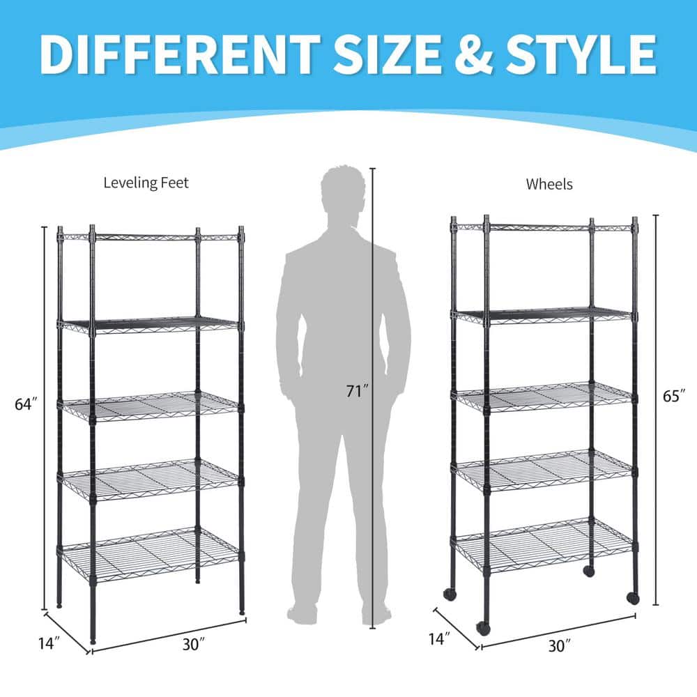 5-Tier Black Heavy Duty Metal Utility Shelves with Wheels & Leveling Feet (30 in. W x 65 in. H x 14 in. D) - Hercitys