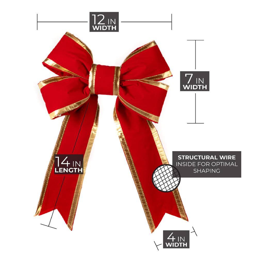 12 in. Red Outdoor Christmas Structural Bow with Gold Trim - Hercitys