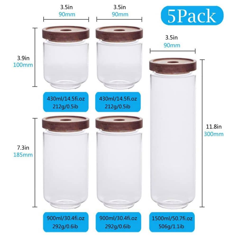 5-Piece Glass Kitchen Canisters, Thick, Stackable, Rice and Spice Jars-Big and Small Airtight Food Jar for Pantry - Hercitys