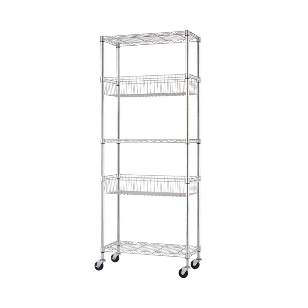 30 in. W x 14 in. D x 72 in. H Eco Storage Chrome 5-Tier NSF Heavy-Duty Wire Shelving with Baskets Wheels - Hercitys