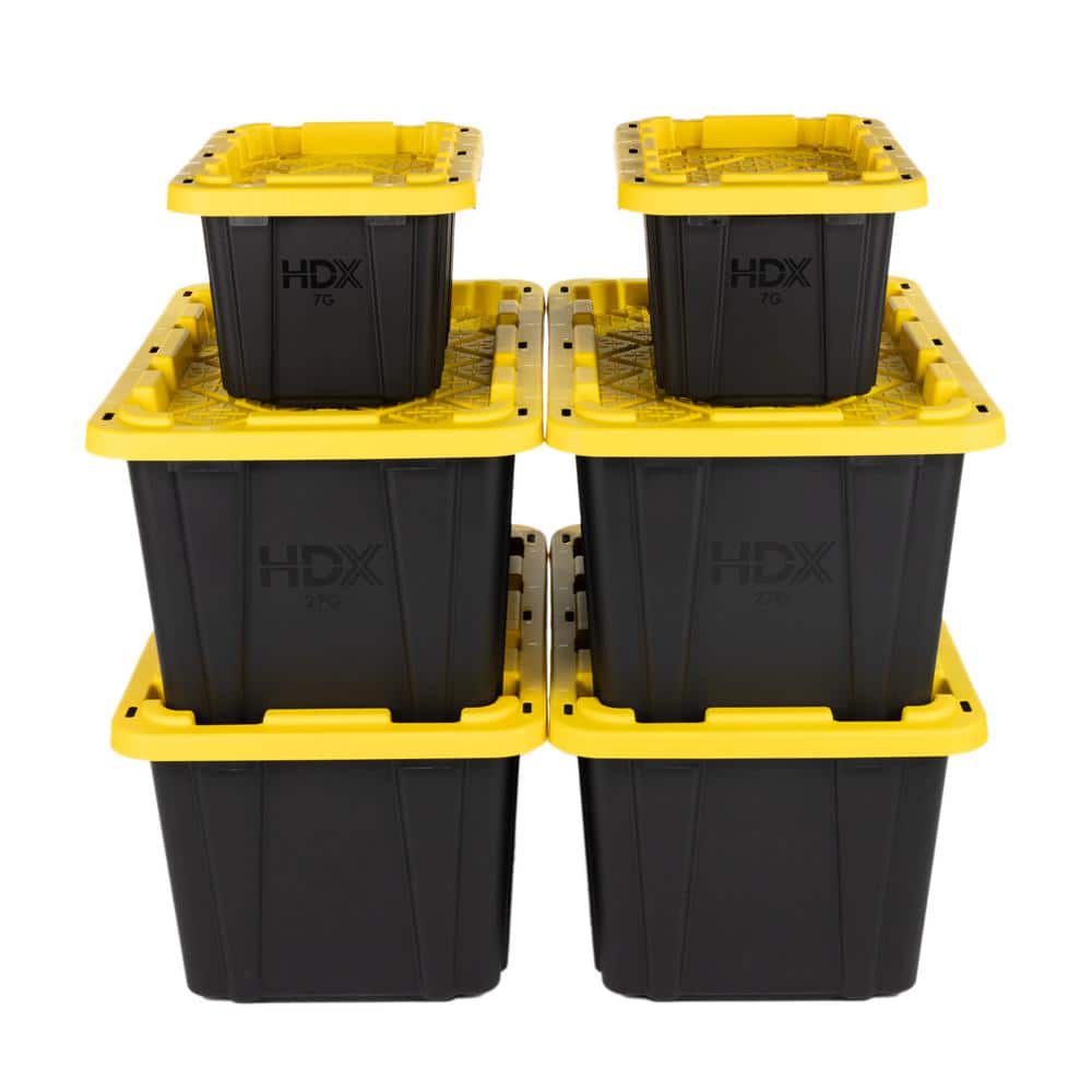 27-Gal. and 7-Gal. Tough Storage Tote Bundle in Black and Yellow – 6 Pack - Hercitys