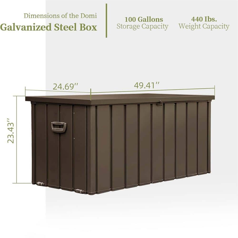 100 Gal. Dark Brown Outdoor Storage Steel Deck Box Waterproof, Large Patio Storage Bin for Garden Tools, Lockable - Hercitys
