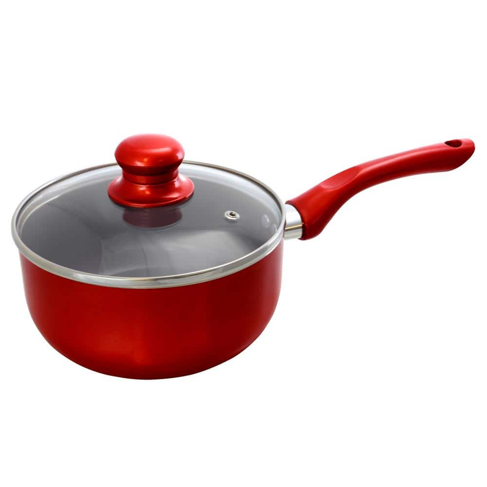 1.5 qt. Aluminum Ceramic Coated Saucepan in Red with Glass Lid - Hercitys