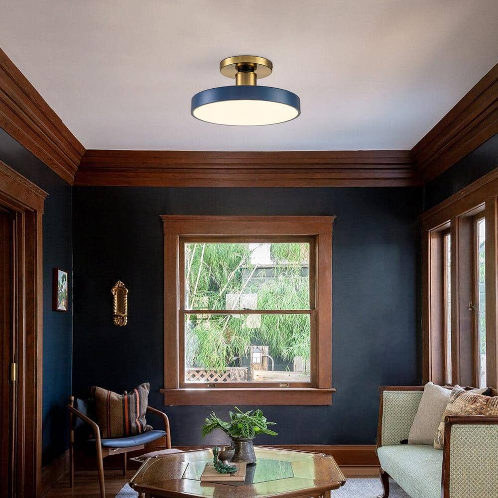 15.7 in. 1-Light Modern Brass and Blue LED Semi-Flush Mount with Drum Shade Minimalist Circle Semi Flush Ceiling Light - Hercitys