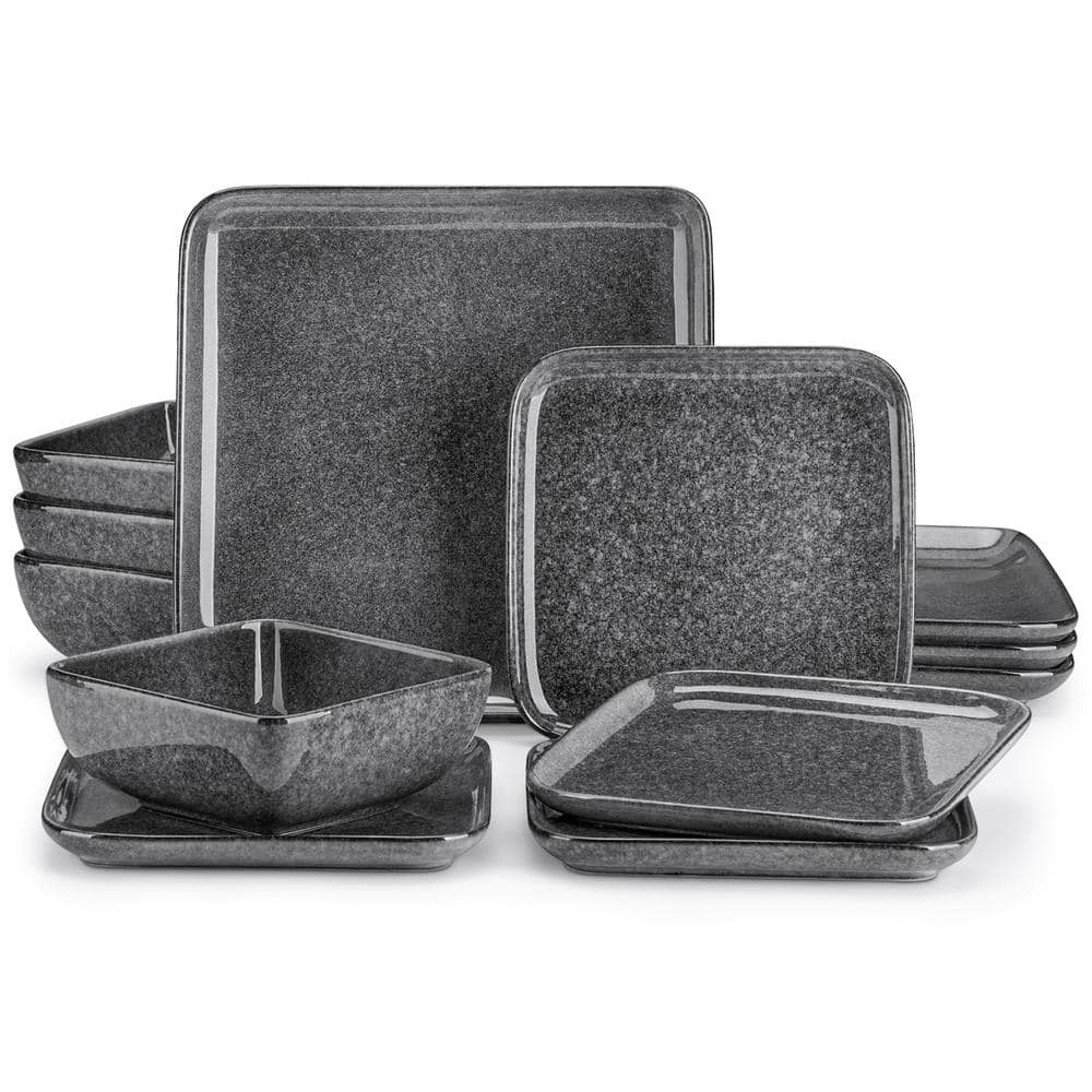 12-Piece Gray Stoneware Dinnerware Set Bowls and Plates Set Service for 4 - Hercitys