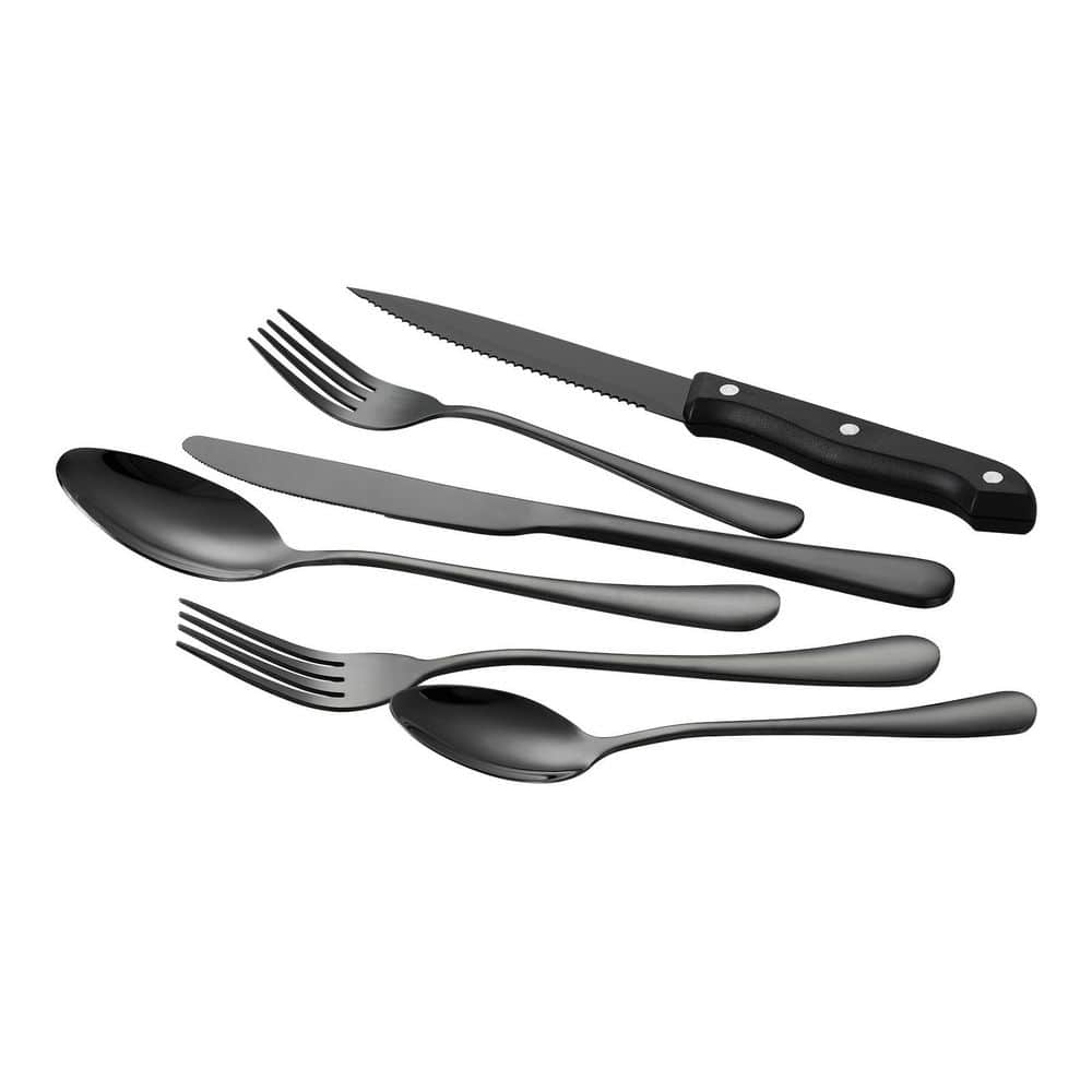 48-Piece Black Silverware Set with Steak Knives, Stainless Steel Flatware for 8, Mirror Finish Cutlery, Dishwasher Safe - Hercitys