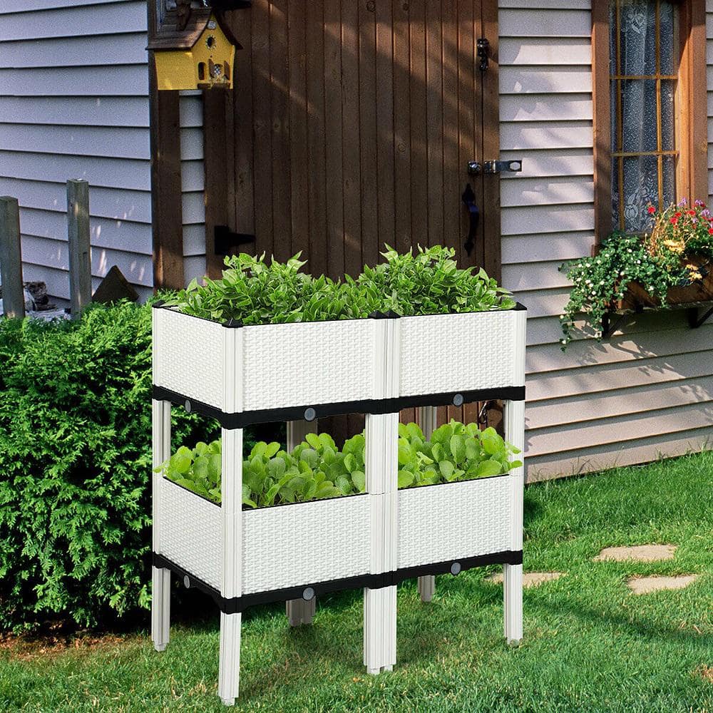 16 in. L x 16 in. W x 17.5 in. H White Plastic Raised Bed Elevated Flower Vegetable Herb Grow Planter Box (Set of 4) - Hercitys