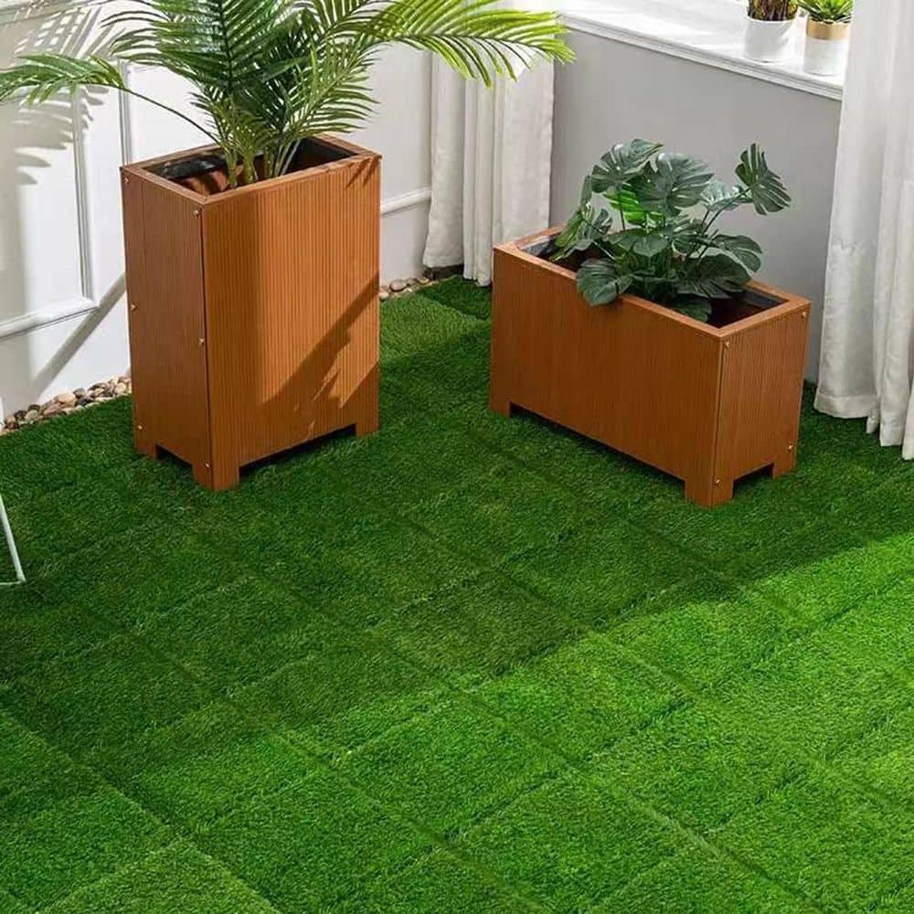 12 in x 12 in Plastic Floor Paver Interlocking Artificial Grass Tiles Self-Draining Fake Turf 0.8in. H in Green (36-Pcs) - Hercitys