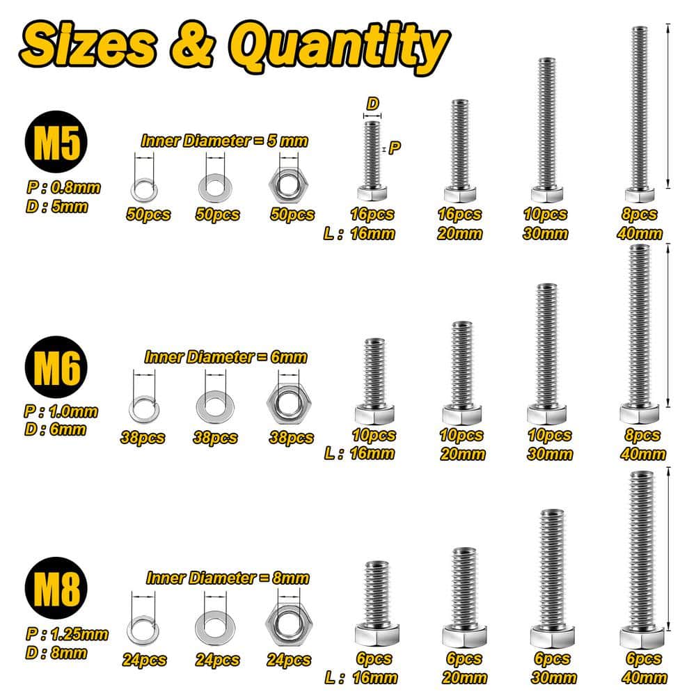 448-Piece M5 M6 M8 Hex Head Bolt, Nut and Washer Assortment Kit, 304-Stainless Steel Nut Bolt Set - Hercitys