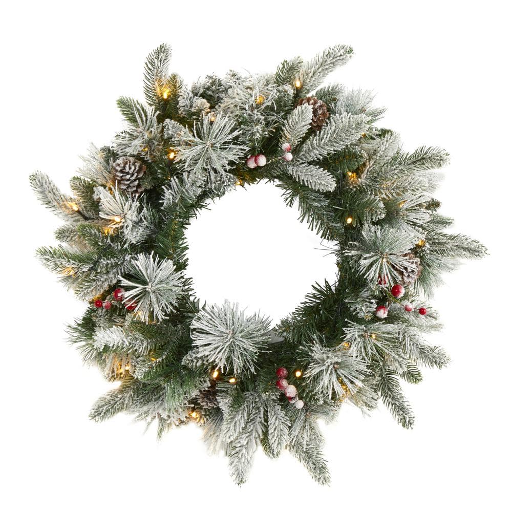 20 in. Pre-Lit Flocked Mixed Pine Artificial Christmas Wreath with 50 LED Lights, Pine Cones and Berries - Hercitys