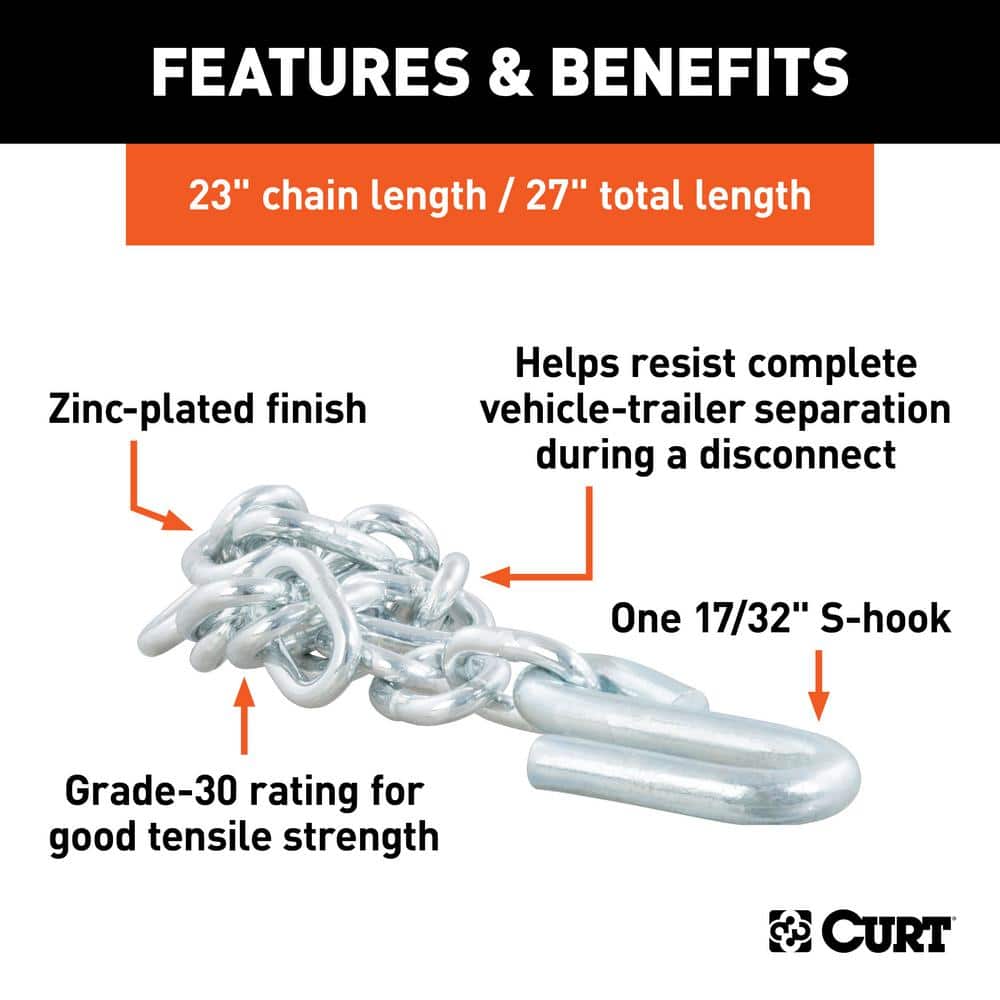27″ Safety Chain with 1 S-Hook (7,000 lbs., Clear Zinc) - Hercitys