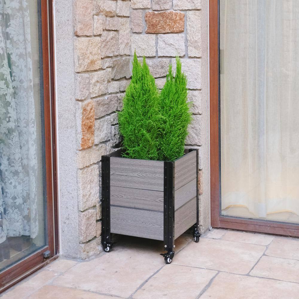 19 in. D x 24 in. H x 17 in. W Grey and Black Composite Board and Steel Mobile Corner Planter Box Raised Garden Bed - Hercitys
