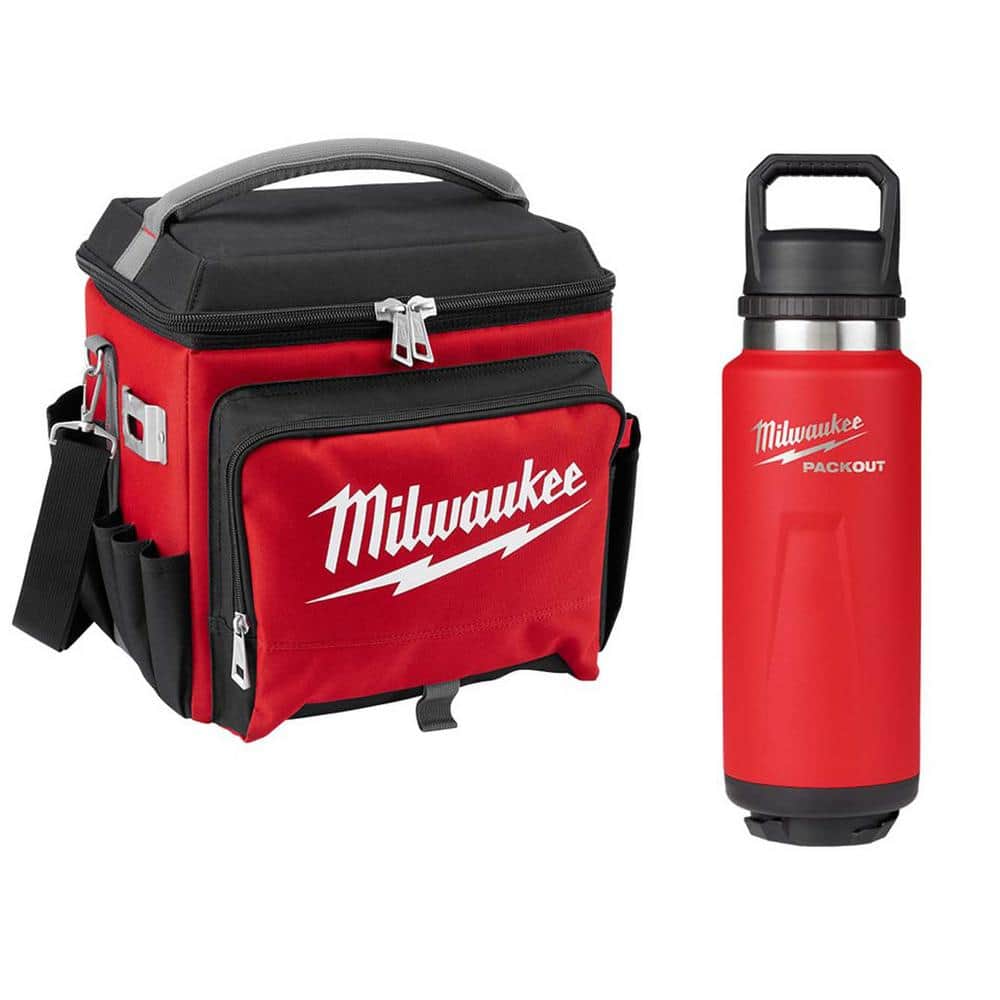 21 Qt. Soft Sided Jobsite Lunch Cooler with PACKOUT Red 36 oz. Insulated Bottle with Chug Lid - Hercitys