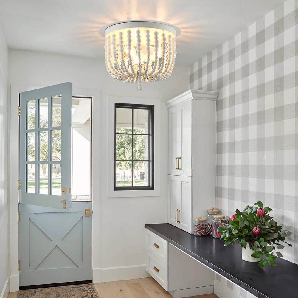 12.6 in. 3-Light Bohemia Antique White Wood Beaded Flush Mount Ceiling Light - Hercitys