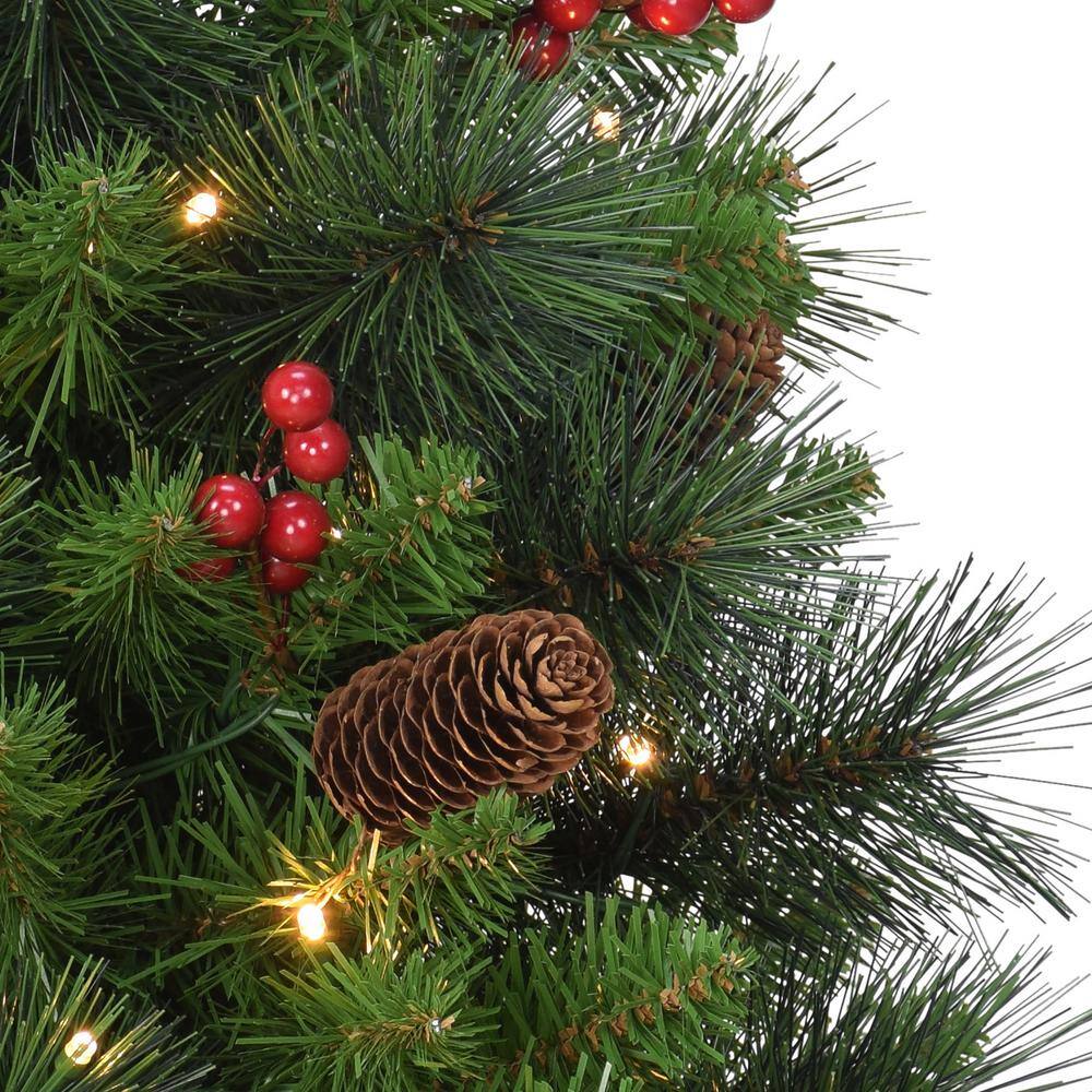 2 ft. Green Prelit Table Top Artificial Christmas Tree with 35 Lights in Brown Base with Pinecones and Red Berries - Hercitys