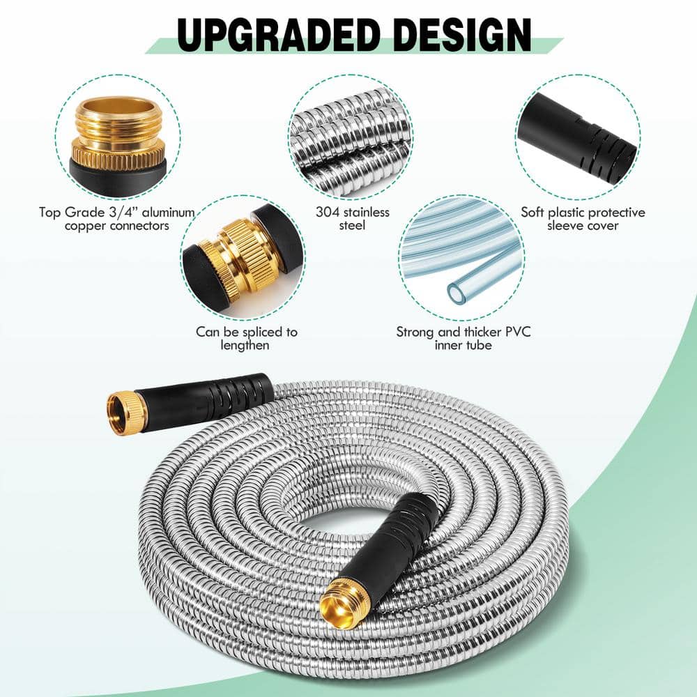 5/8 in. Dia. x 100 ft. Metal Garden Hose Stainless Steel Heavy-Duty Water Hose with 10 Function Nozzle Flexible - Hercitys