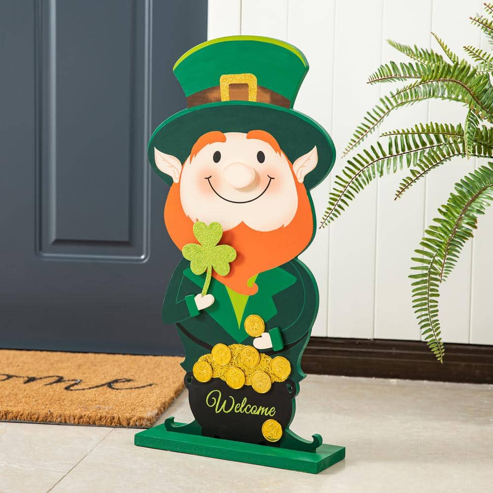 23.5 in. St.Patrick’s Wooden Leprechaun Pot of Gold Porch Decor(KD) - Hercitys