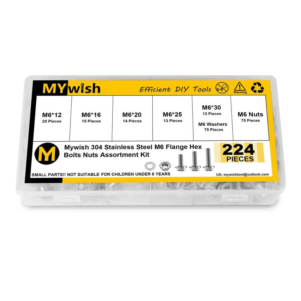 224-Pcs Assorted M6 x 12/16/20/25/30mm, M6 x 1. 0 Bolt, Flanged Hex Head Bolts w/ Washers, 304 Stainless Steel in Silver - Hercitys