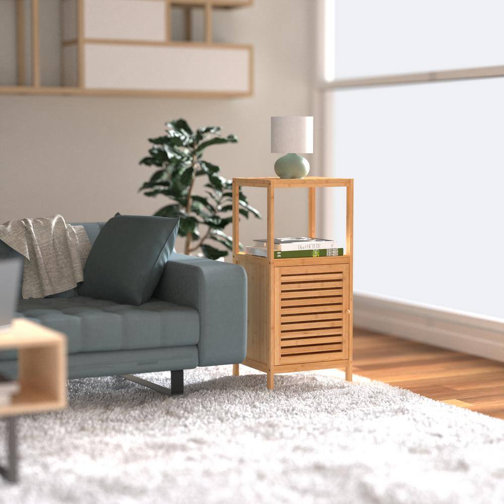 2-Tier Bamboo Shelving Unit with Door 14.25 in. W x 31.5 in. H x 13.5 in. D - Hercitys