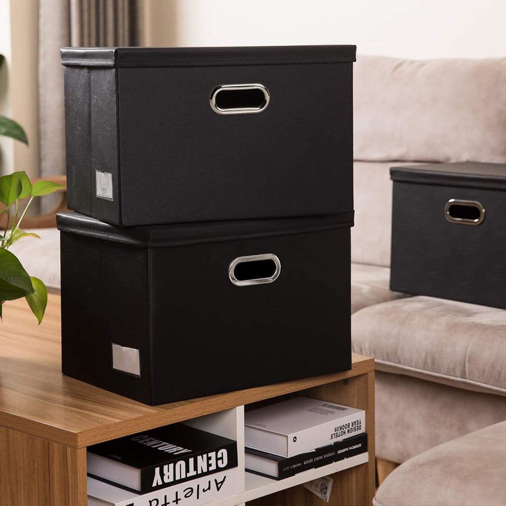 40 Qt. Leather Fabric Storage Bin with Lid in Black (3-Box) - Hercitys