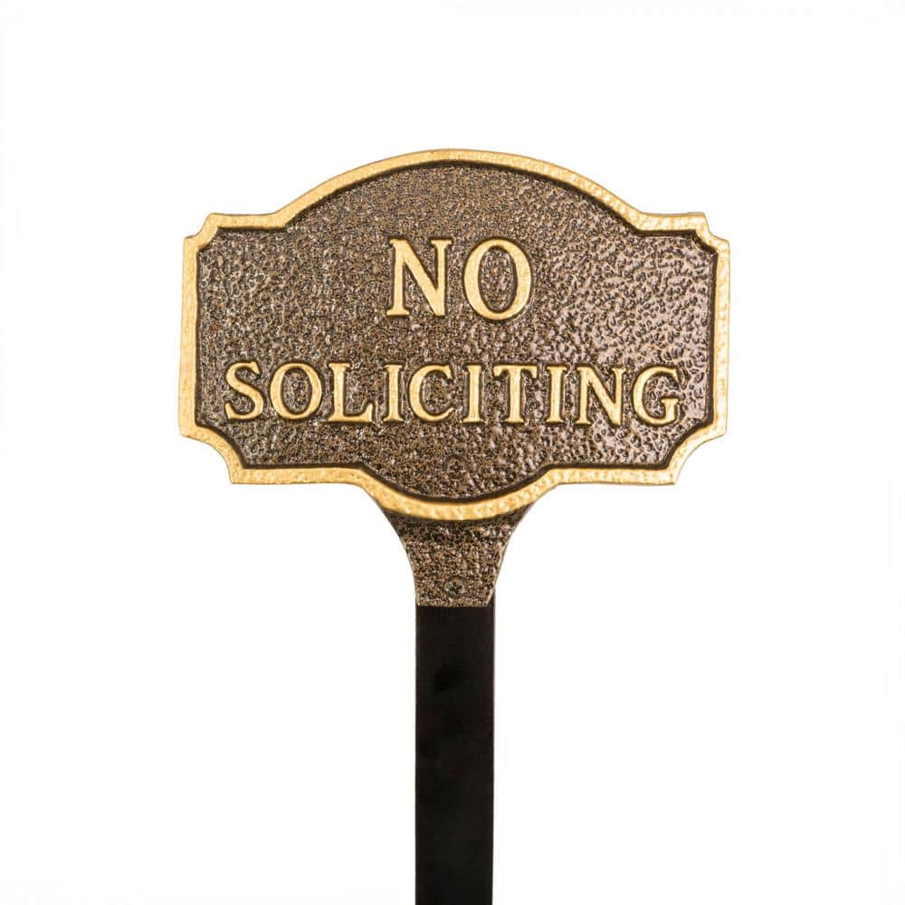 4.5 in. x 7.15 in. Petite Montague No Soliciting Statement Plaque Sign with Lawn Stake – Oil Rubbed/Gold - Hercitys