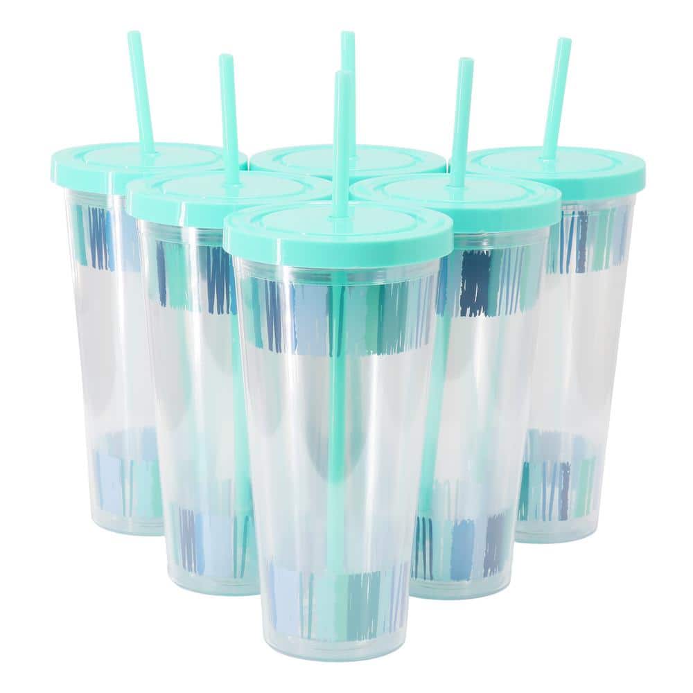 24 oz. Double Wall Blue Plastic Tumbler (Set of 6) with Lid and Straw - Hercitys