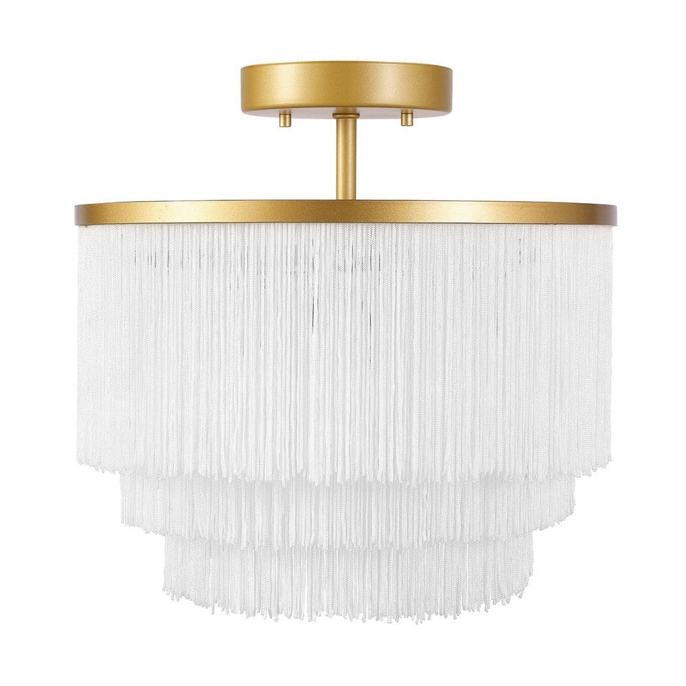 12 in. 1-Light Matte Gold Semi-Flush Mount Ceiling Light with White Fabric Fringe Shade - Hercitys