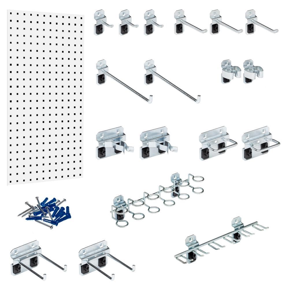 18 in. W x 36 in. H White Steel Square Hole Pegboard with LocHook Assortment (18-Pieces) - Hercitys