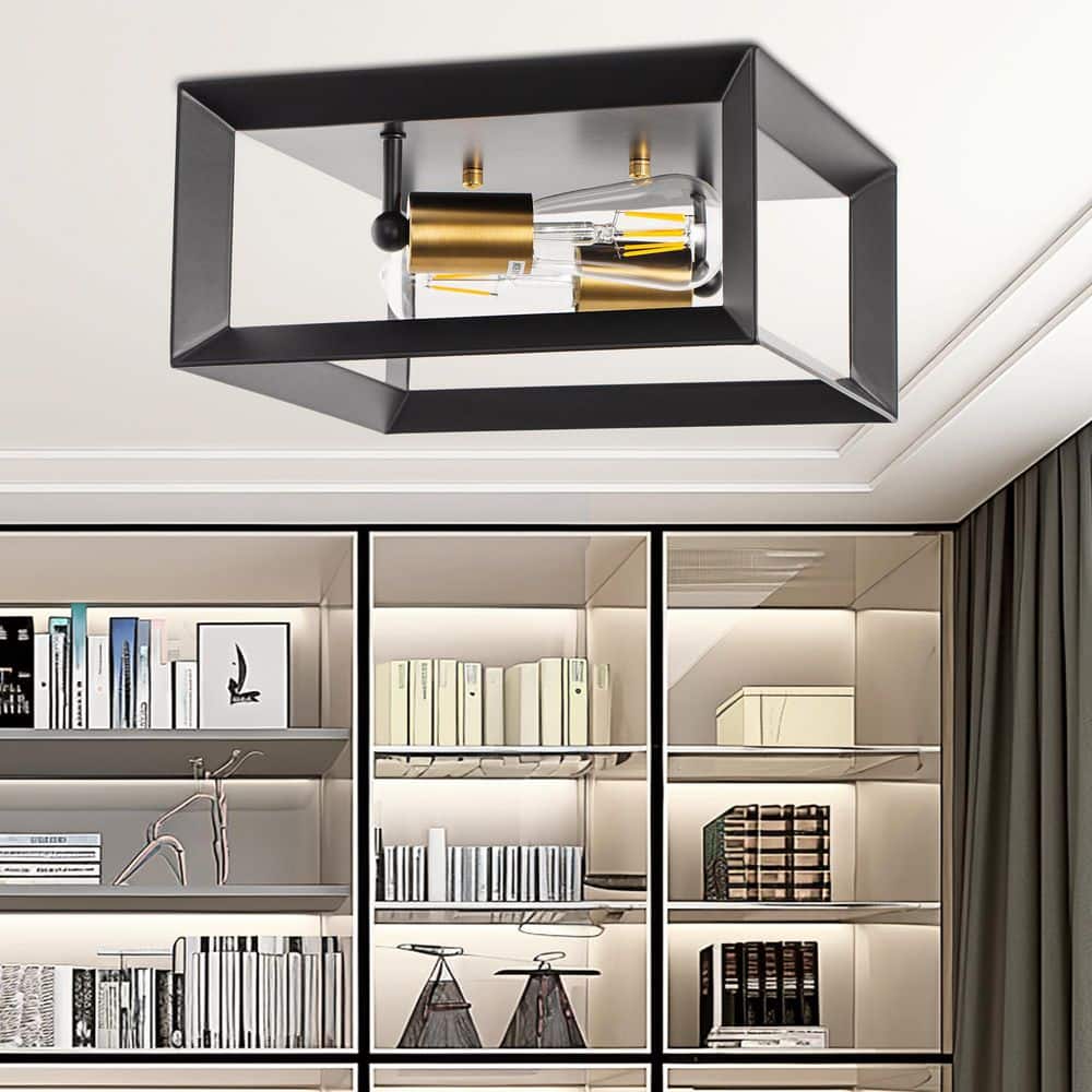 11.4 in. 2-Light Industrial Black Gold Square Flush Mount Ceiling Light with E26 Base Modern Metal Fixture for Hallway - Hercitys
