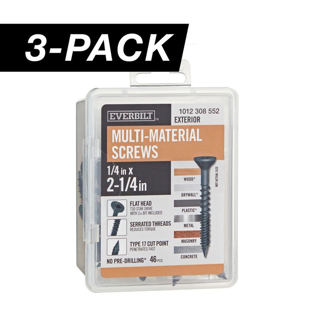 3-Pack 1/4 in x 2-1/4 in. Black 6-Lobe Star Drive Exterior Flat Head Multi-Material Screw (3 lbs. / 138-Piece) - Hercitys