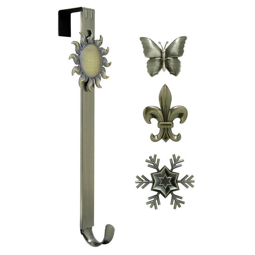 15.75 in. Artificial Antique Brass Adjustable Wreath Hanger with Sun, Snowflake, Butterfly and Fleur De Lis Icons - Hercitys