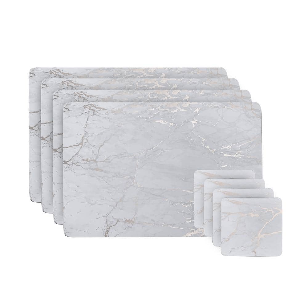 12 in. x 18 in. Silver/Gray Marble Cork Placemat and Coaster (Set of 8) 4-Placemats and 4-Coasters - Hercitys