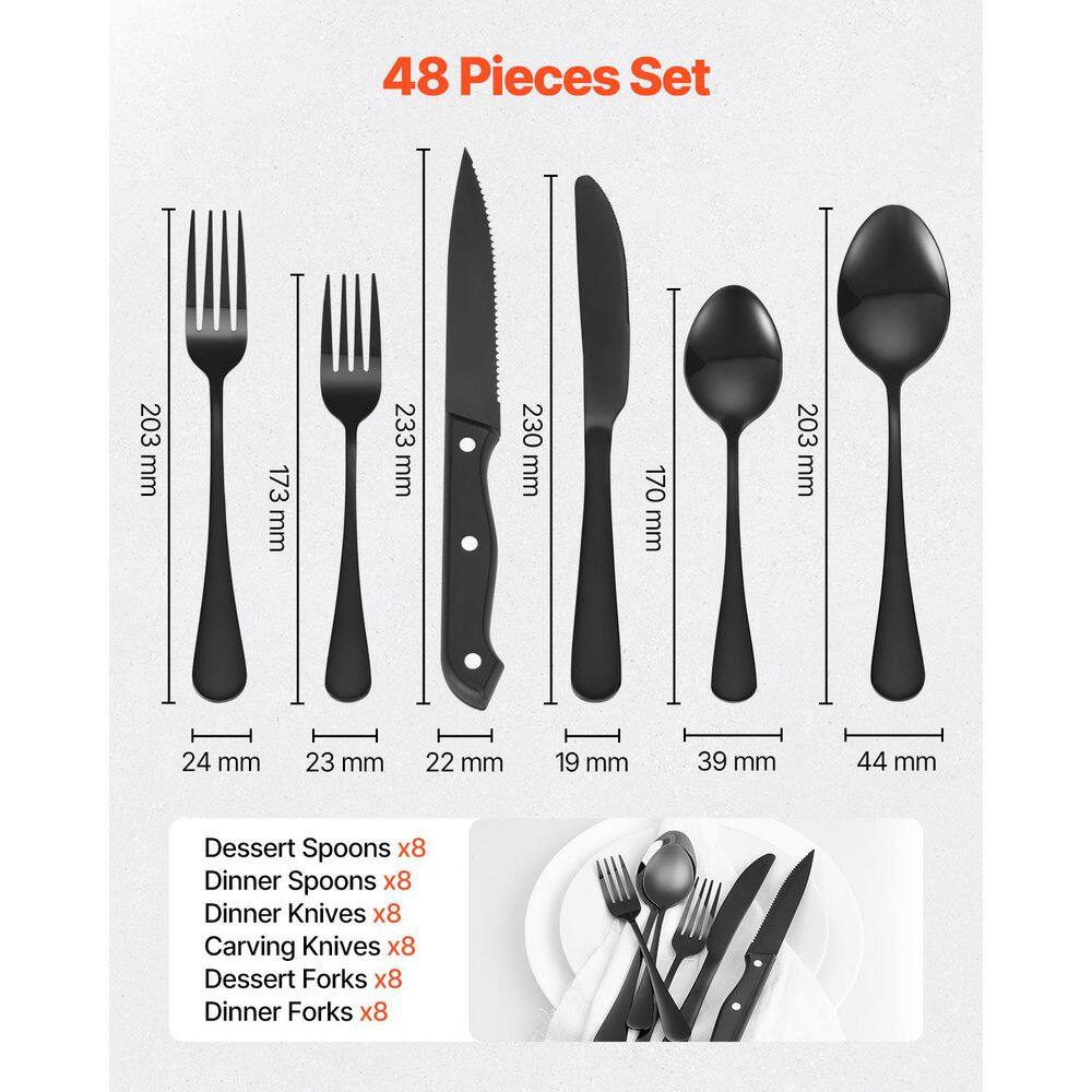 48-Piece Black Silverware Set with Steak Knives, Stainless Steel Flatware for 8, Mirror Finish Cutlery, Dishwasher Safe - Hercitys