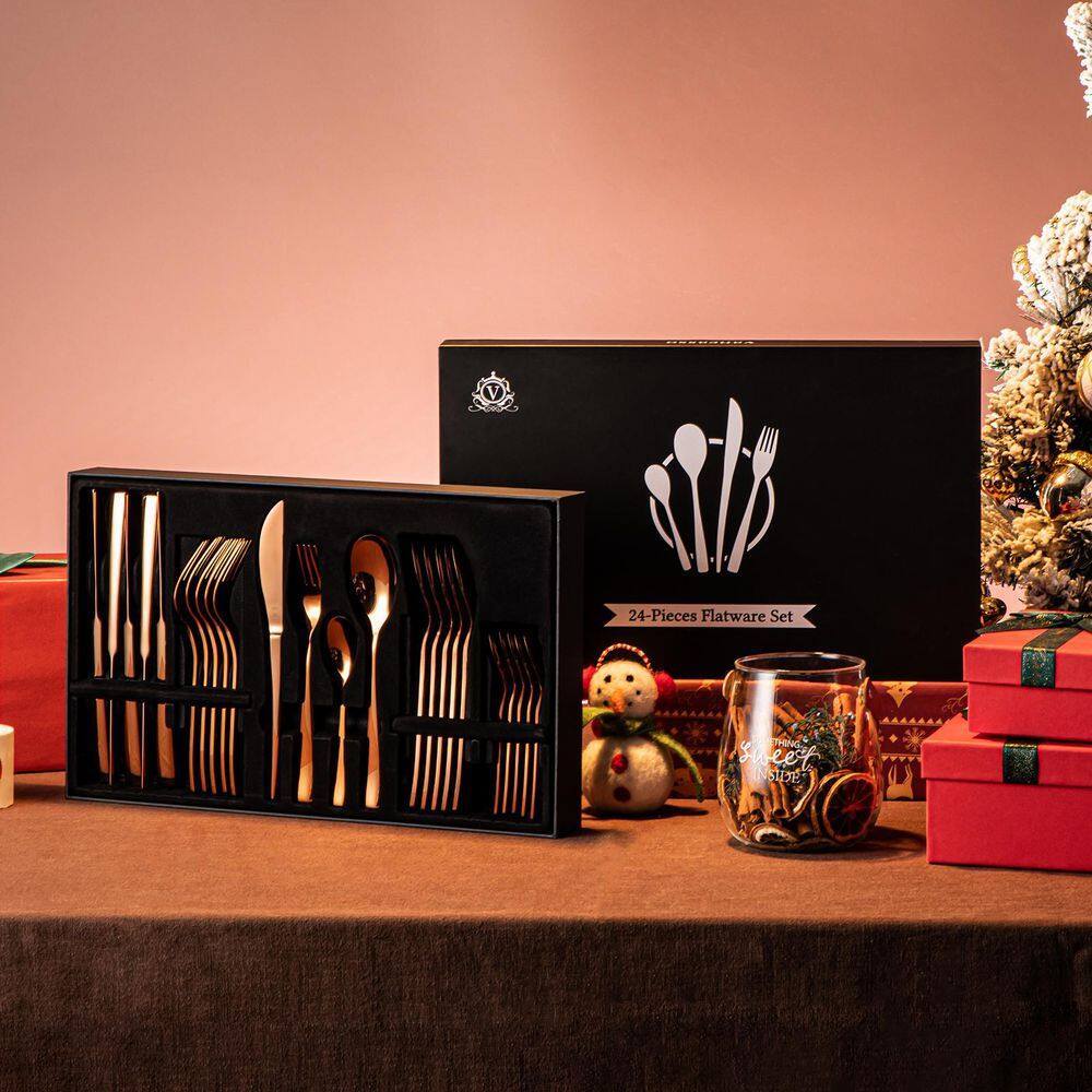 24-Piece Rose Gold Stainless Steel Flatware Set Silverware Set Serving Set Service for 6 - Hercitys