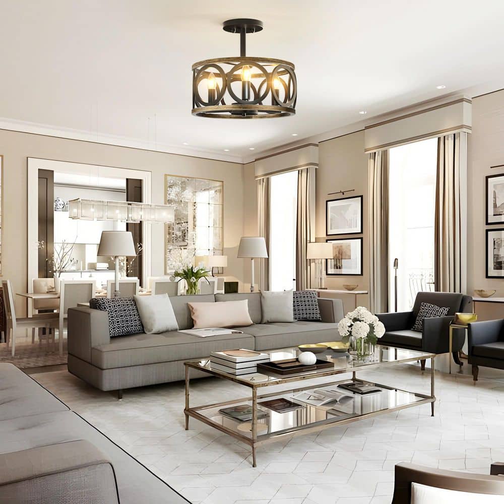 13 in. 3-Light Black Cage Drum Semi-Flush Mount Ceiling Light Fixtures Industrial Farmhouse Style for Kitchen Island - Hercitys