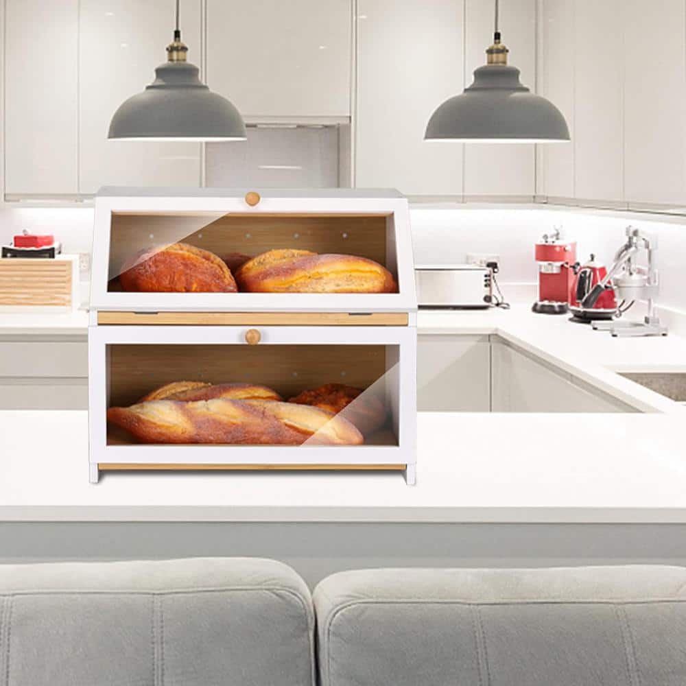 1 Piece Double Layer Bread Box for Kitchen Counter, Wooden Large Capacity Bread Storage Bin (White) - Hercitys