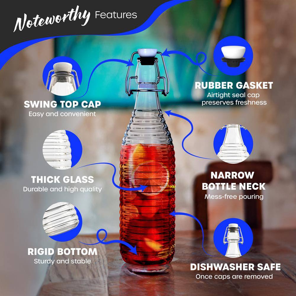 33 oz. Ringed Swing Top Glass Bottles with Bottle Brush, Funnel, Tags, Shrink Wrap and Marker (Set of 6) - Hercitys